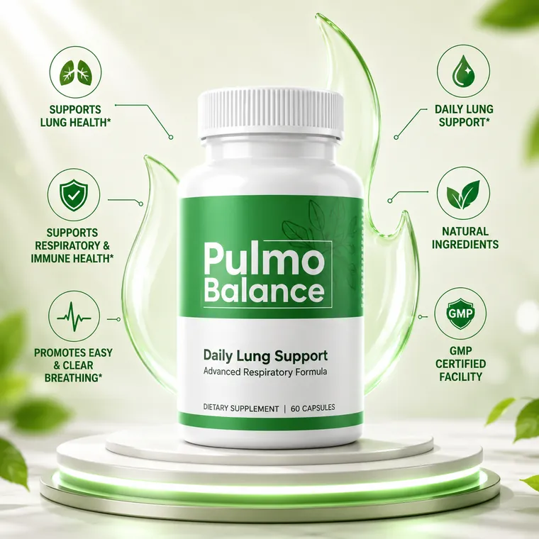 Pulmo Balance with key features: supports lung health, respiratory function, natural ingredients